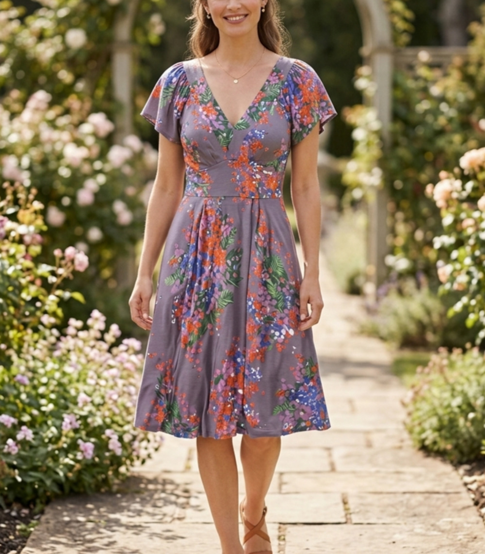 Boden Cate Dress Size US 10 Long Lavender Floral Garden V-Neck Lined Feminine